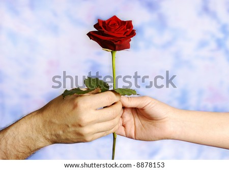man giving a red rose to a woman as a symbol of love
