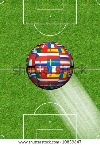 soccer field and a sphere with european flags of euro 2008 in Switzerland and Austria