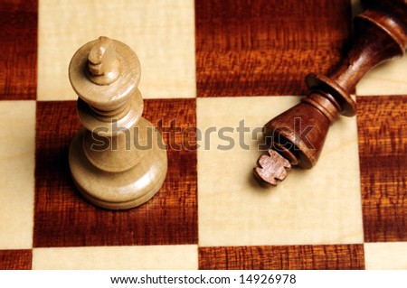 white chess king standing over a black king down defeated