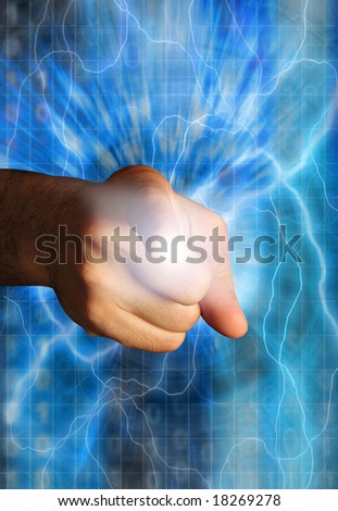 male finger pointing forward and touching a screen generating electric lighting