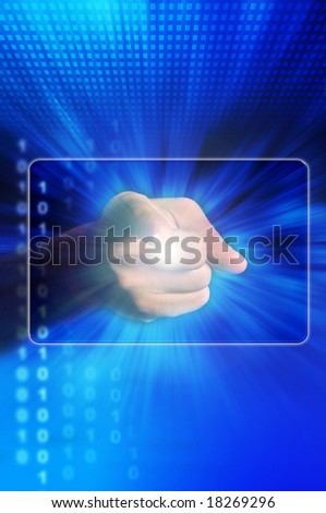 male finger pointed at a flat transparent screen - concept for computer of future