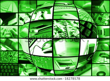 green sphere with several modern technology pictures wrapped around it