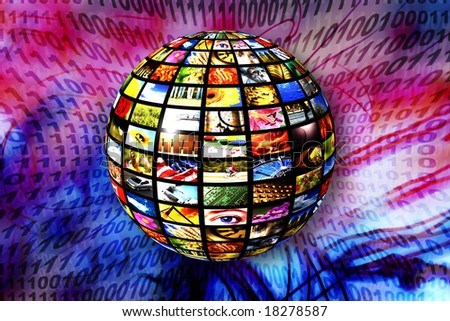 sphere with many screens and binary background as concept for digital and internet tv