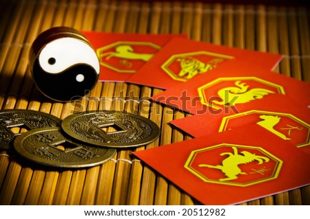 chinese lucky coins, yin yang, iching and horoscope signs cards