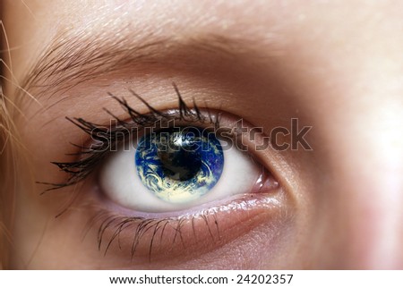 Close Up Of A Girl Eye With Planet Earth Into The Pupil, Ecology ...