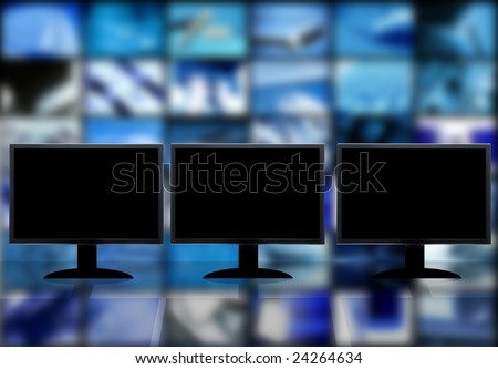 three lcd television with blank screen on a technology background