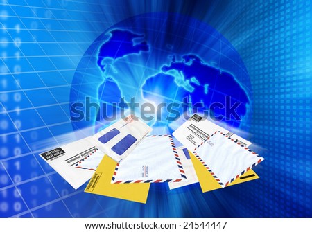 envelopes spreading around against a technology background as concept for email spamming