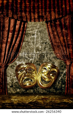 theatre curtain on a grunge background with masks of tragedy and comedy