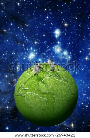 green earth planet with penguins on top of it, environment concept