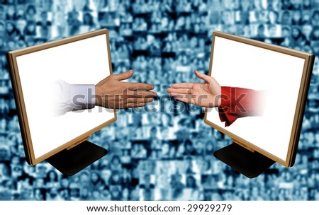 male and female hands coming out of laptop monitors with people faces on a screen in background