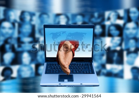 hand coming out of a laptop monitor with people faces in background, social network concept