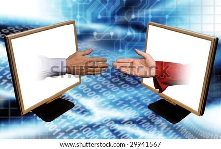 male and female hands coming out of laptop monitors reaching for each other, with a technology background