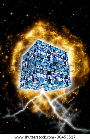 cube with technology images with lighting storm below it against a space nebula background