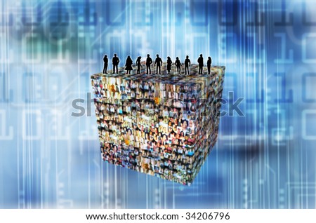 people silhouettes standing on a cube with face blurred, concept for social network