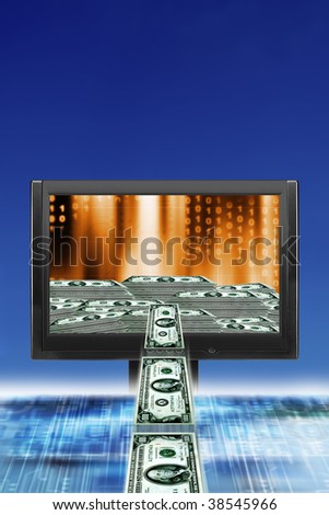 banknotes flying into a computer monitor, concept for money transfer or online deposits