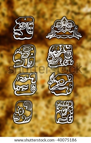 ancient aztec and maya symbols over an abstract red brown background
