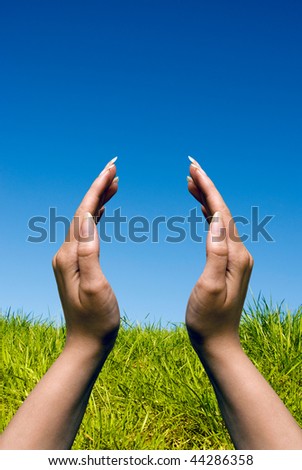 female hands in a gesture of protection against a nature background