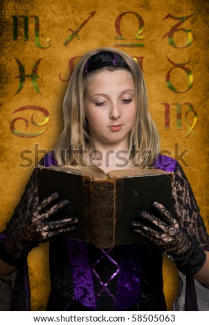 girl reading an esoteric book with zodiac symbol in background
