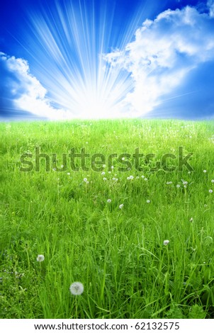 day summer or late spring meadow with cloudy sky and rays of light