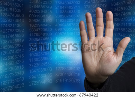 open hand in halt gesture, with data numbers in background
