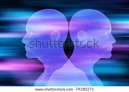 two male heads in wireframe mode looking in opposite directions