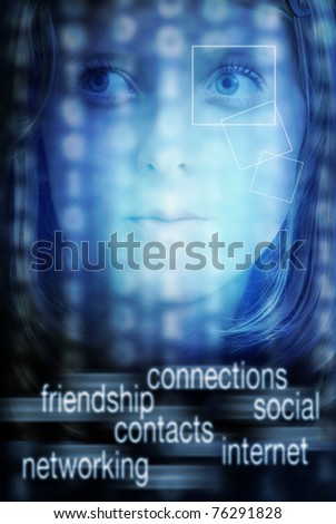 face of a teenager girl with technology background and internet social networking text
