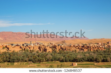 Wide view of cultivated fields and palms in Tinerhir Dades Valley Morocco North Africa Africa