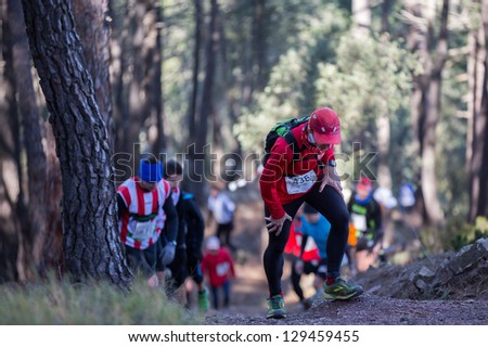 CASTELLON - FEBRUARY 24: Luciano Medina Marco (number 436) leads group in his participation in XV Edition of Espadan mountain marathon on February 24, 2013 in Castellon, Spain
