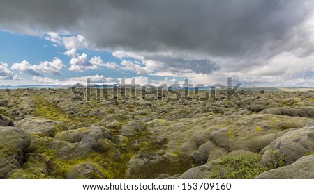 The expansive moss-covered lava fields and mountain in Iceland