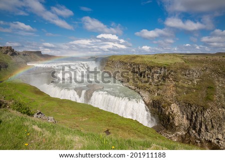Panoramic view of Waterfall Gullfoss with rainbow, Iceland