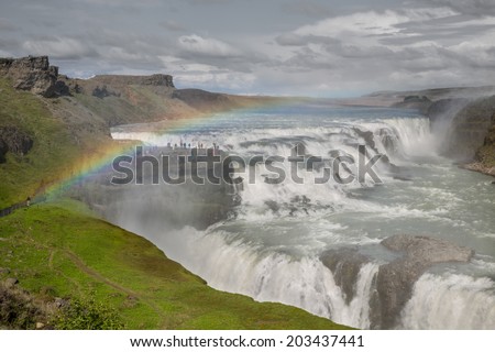 Panoramic view of Waterfall Gullfoss with rainbow, Iceland
