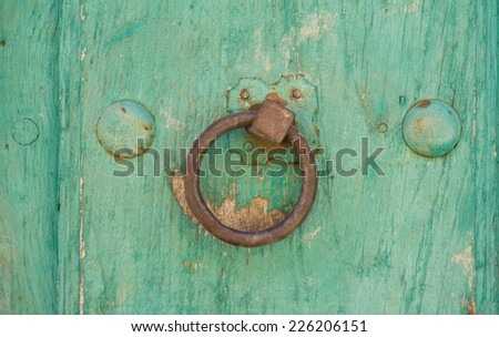 Closeup of vintage doorknocker over green painted wooden door, front view