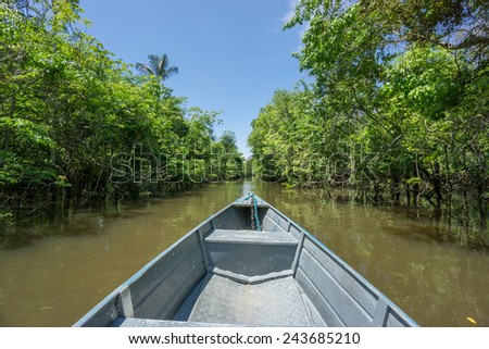 Wide angle view of boat and canal in Rio Negro, Brazil. (Amazon River)