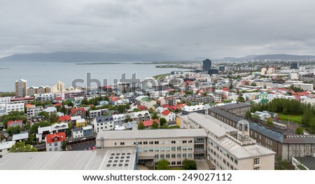 Aerial view of houses and coastline in Reykjavik, Iceland