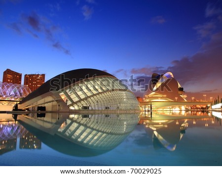 VALENCIA SPAIN JANUARY 28 Nightfall scenery of the Palace of Arts and l'Hemisferic Santiago Calatrava's architect famous buildings on January 28 2011 in Valencia Spain VALENCIA SPAIN JANUARY 28 Nightfall scenery of the Palace of Arts and l'Hemisferic Santiago Calatrava's architect famous buildings on January 28 2011 in Valencia Spain