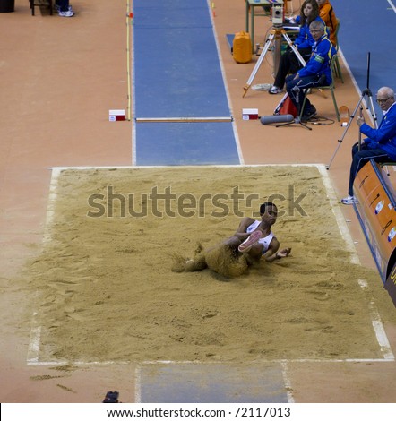 VALENCIA, SPAIN - FEBRUARY 19: Long jump competitor of long jump Men of the spanish indoor national championships at Valencia on February 19, 2011 in Valencia, Spain