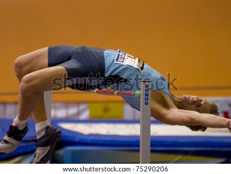 VALENCIA, SPAIN - FEBRUARY 20: High jump competitor, Ola Jorgen Karlsson, competes in the men\'s high jump event in the Spanish Indoor National Championships at Valencia on February 20, 2011 in Valencia, Spain