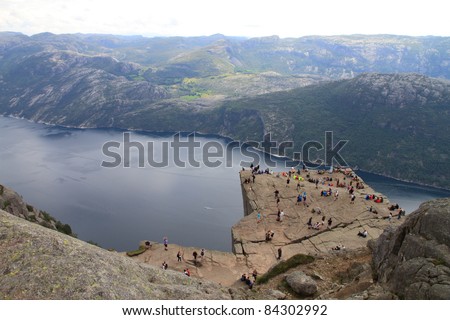 Pulpit Rock at Lysefjorden in Norway. A well known tourist attraction towering 604 meters over sea level.