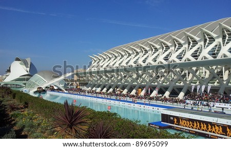 VALENCIA - NOVEMBER 27: Runners at Finish line of Marathon race at the incredible environment of Santiago Calatrava\'s architect famous buildings on November 27, 2011 in Valencia, Spain