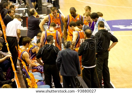 VALENCIA, SPAIN - JANUARY 28: Team Valencia Basket preparing the strategy during the ACB league match between Valencia Basket  and Asefa Estudiantes, 85-71, on January 28, 2012, in Valencia, Spain
