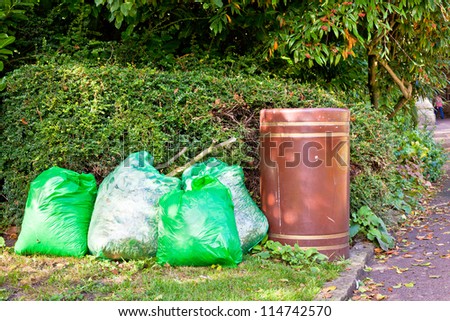 Green rubbish bags next to a brown bin for collection