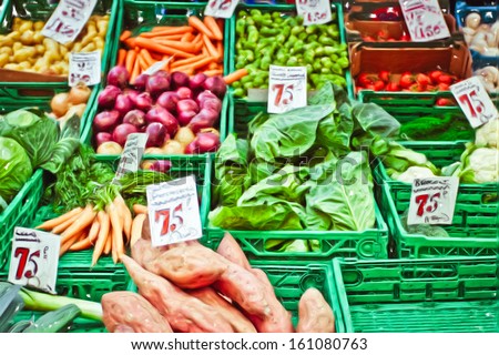 Digital painting of fresh fruit and vegetables at a market stall