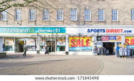 Bury St Edmunds, Uk - January 12, 2014: Adjacent Discount Stores Poundland And Sports Direct.