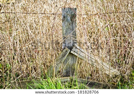 Old wooden fence post with rusty barbed wire