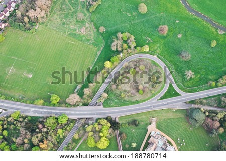 Aerial view of a road system in rural England
