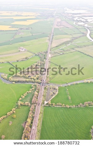 Aerial view of the railway line running south from Huntingdon, UK
