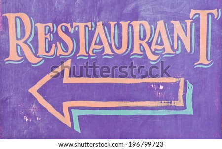 A purple restaurant sign with an arrow