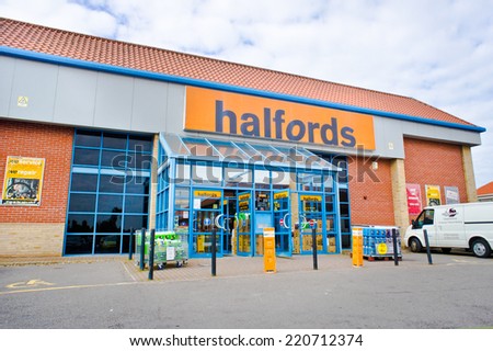 BURY ST EDMUNDS, UK- SEPTEMBER 27 2014: A Halfords store in a retail park in Bury St Edmunds.