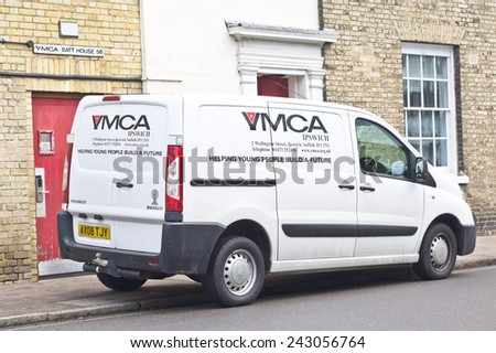 BURY ST EDMUNDS, UK - JANUARY 6 2014: A YMCA delivery van outside a YMCA hostel in Bury St Edmunds.