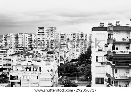 Apartment buildings on a stormy day in Antalya, Turkey, May 2015, in black and white tones